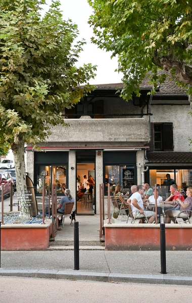 Clients installés sur la terrasse ombragée du restaurant Les Platanes aux Avenières, sous de grands arbres.